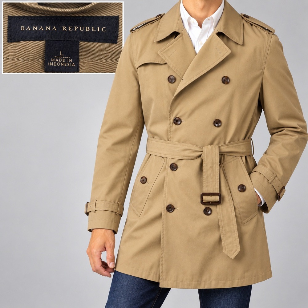 Banana Republic Trench Coat Mens Large Tan Classic Double Breasted Epaulets